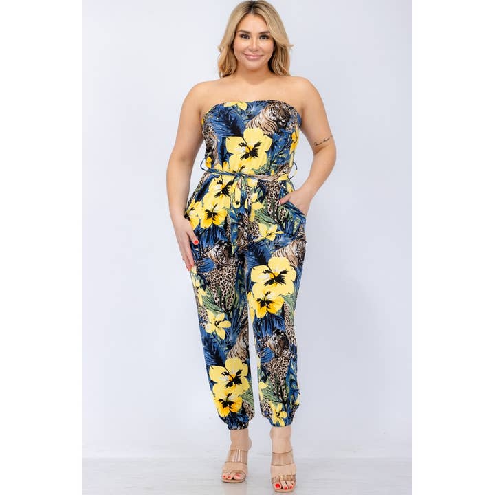 Curve Market – wholesale Jumpsuit – Women's – PLUS SIZE TROPICAL LEOPARD TUBE STRAPLESS JOGGER JUMPSUIT1