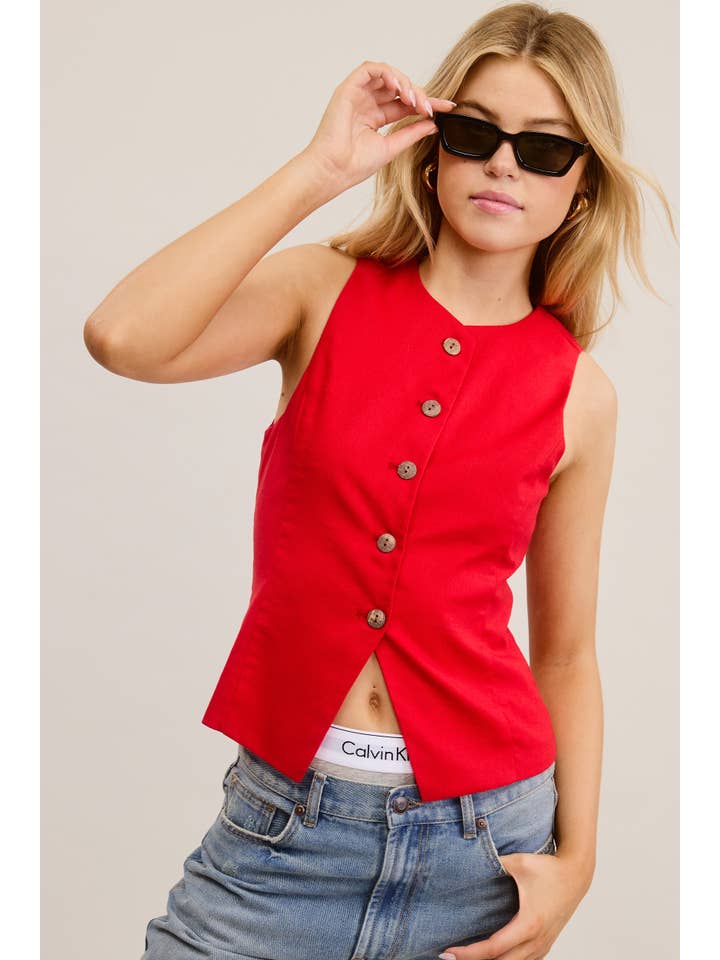 Mimosa - Wholesale Outerwear Vest - Women's - Button Down Sleeveless Round Neck Waistcoat Vest