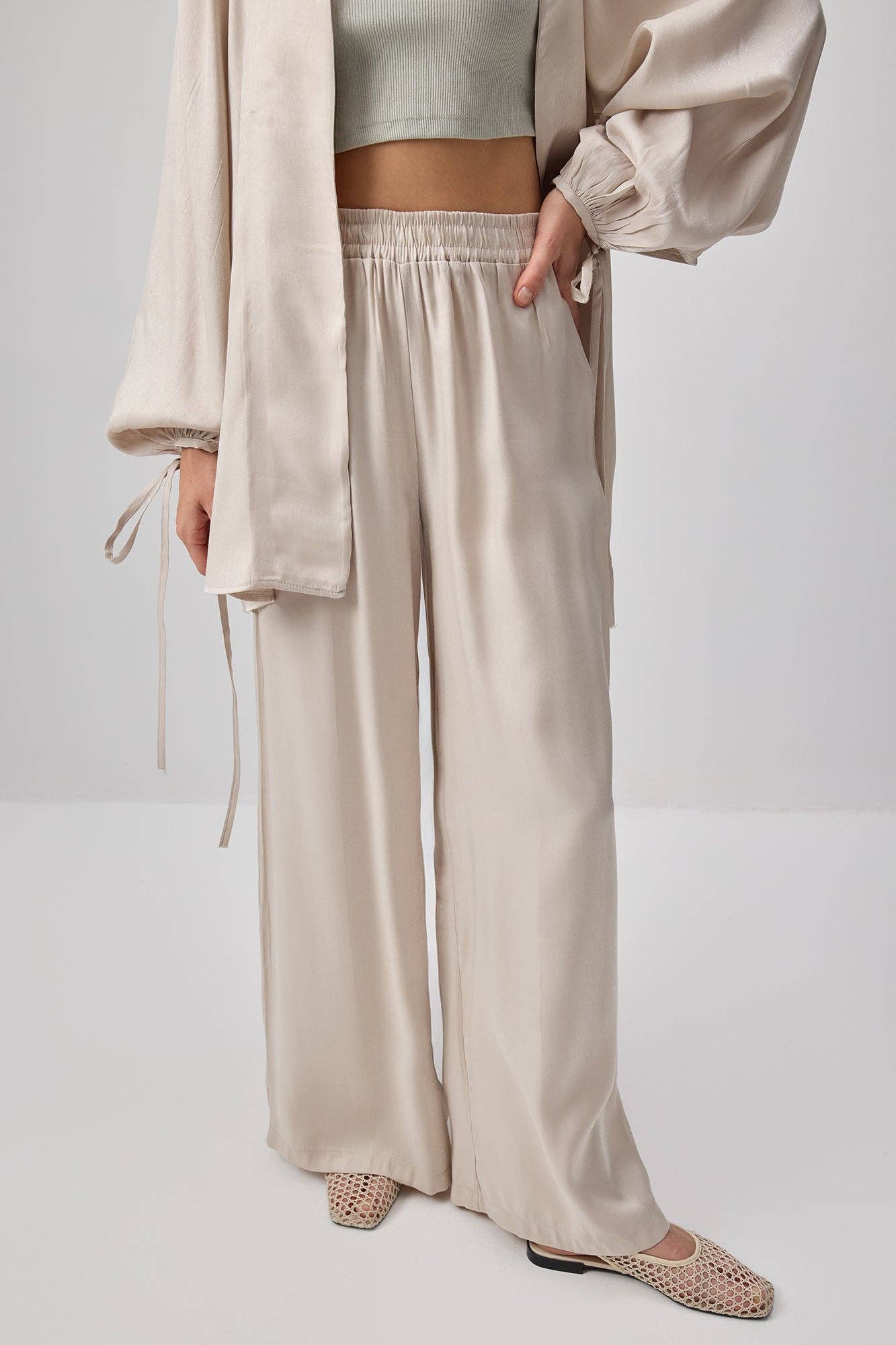 Stone Textured Satin Look Belted Tunic & Wide Leg Pants Set for wholesale on Faire3