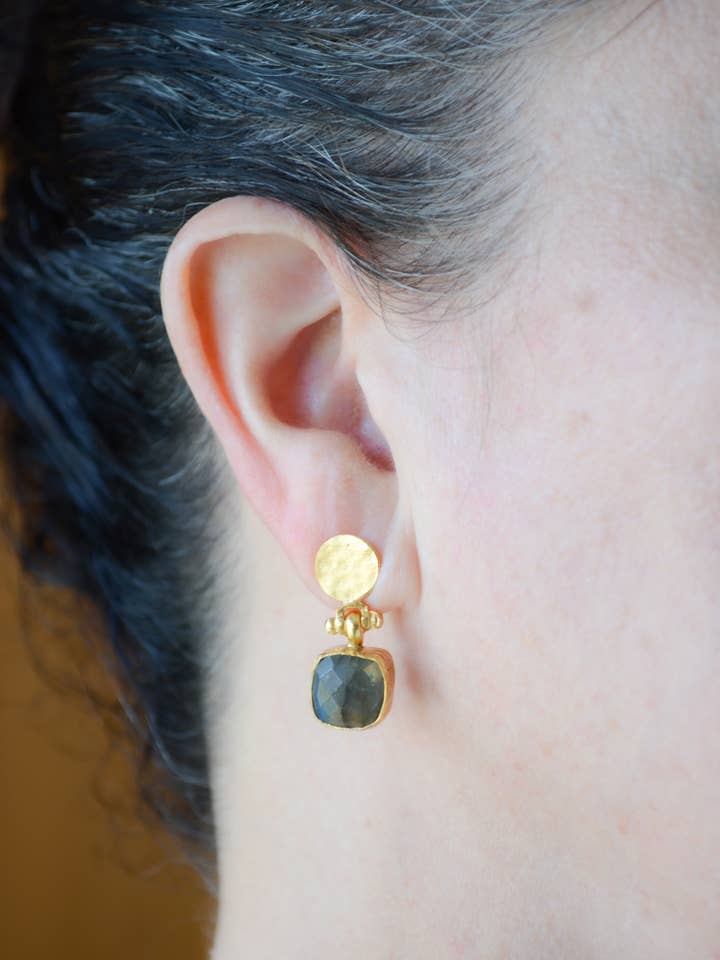Cushion cut labradorite earring with hammered post for wholesale by AJS Design Studio