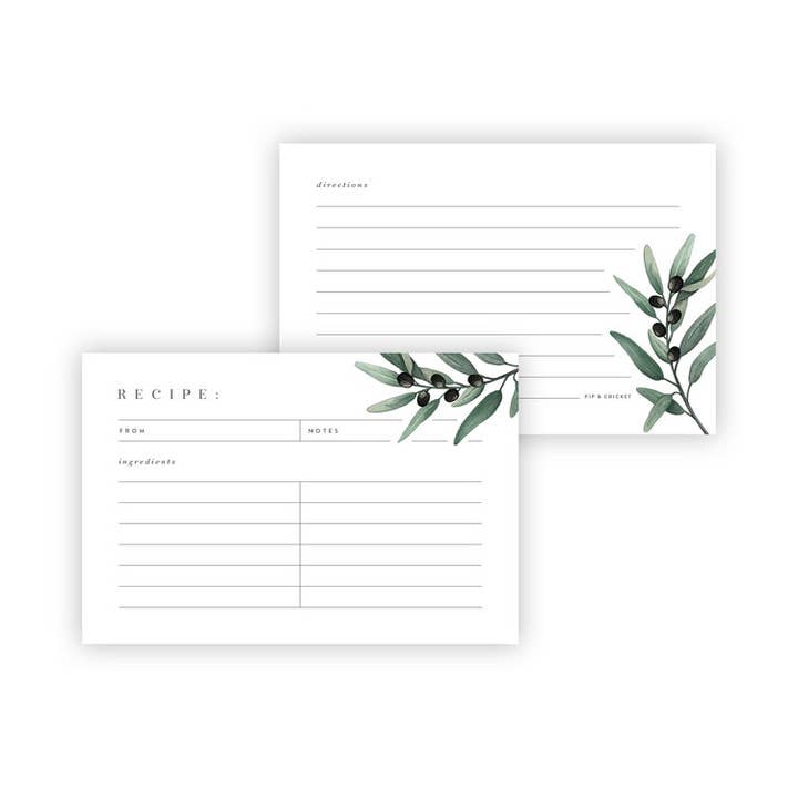Olivenzweig-Rezept-Karten für den Großhandel von Pip & Cricket
