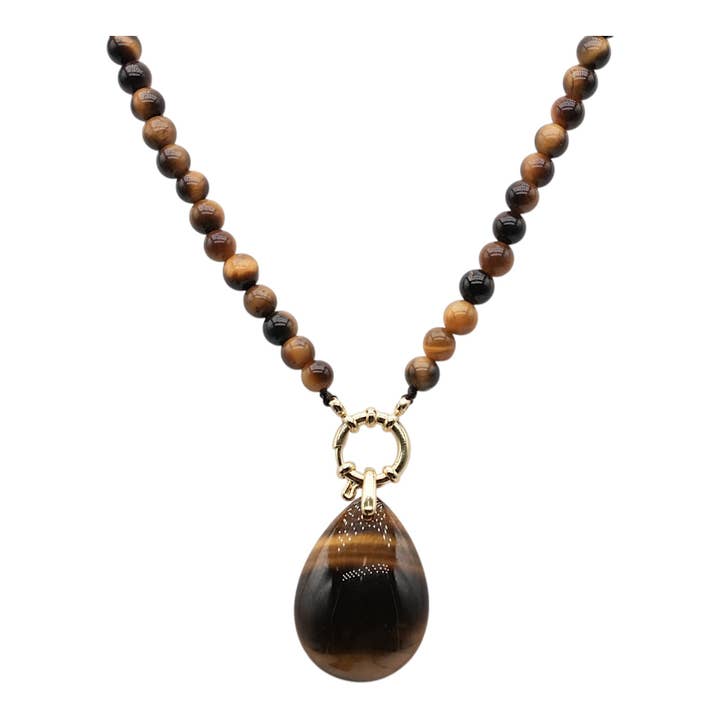 Foliesbijoux - Wholesale Pendant/charm necklace - Tiger's eye bead necklace with gold-plated steel toggle clasp and pendant1