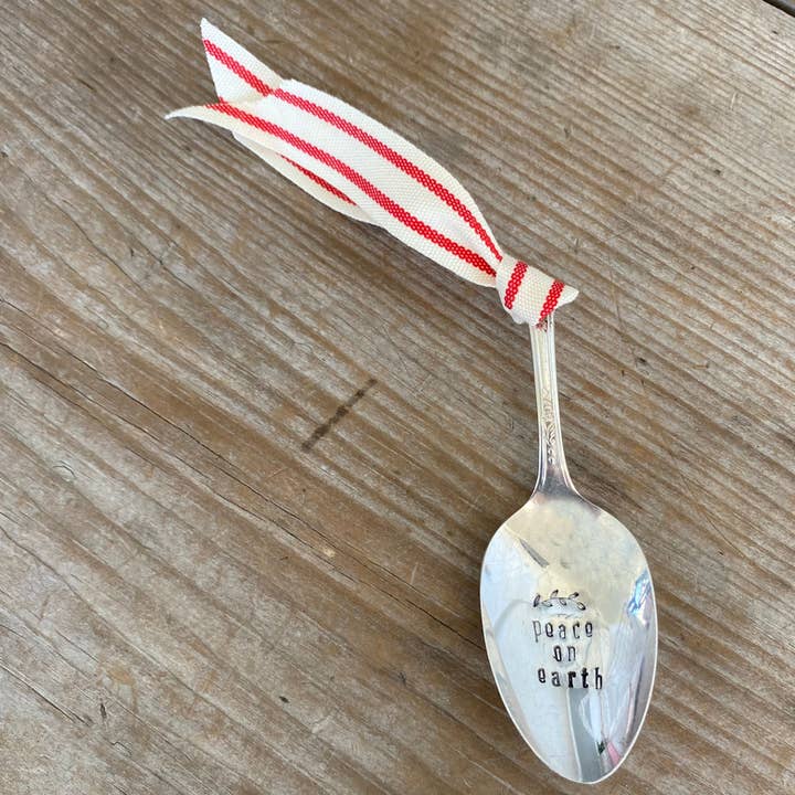 Eco-Friendly Stamped Spoon Christmas Ornament Peace on Earth for wholesale by Laughing Frog Studio