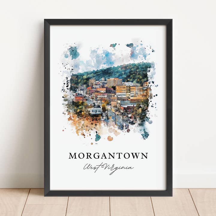 Art mural Morgantown WV, Impression Morgantown, Aquarelle UWV, Cadeau Université de Virginie-Occidentale, pour la vente par Premium Travel Art