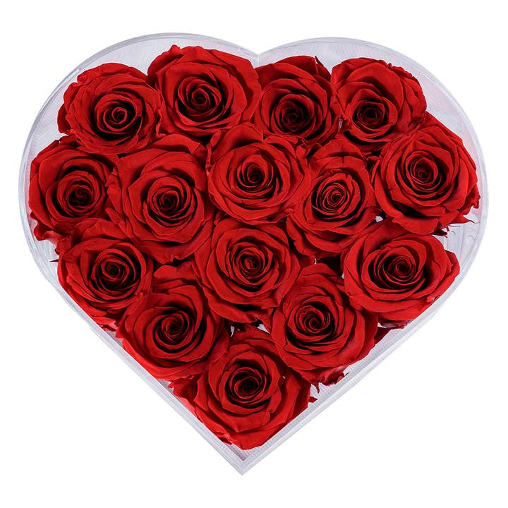 Rose Forever – wholesale Dried/pressed flowers – 15 Red Preserved Roses in Crystal Box – Passionate Flowers