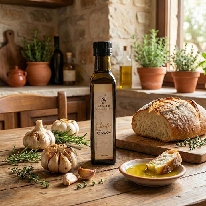 Roasted Garlic Infused Chemlali Olive Oil (250ml) for wholesale by Dallas olive oil company