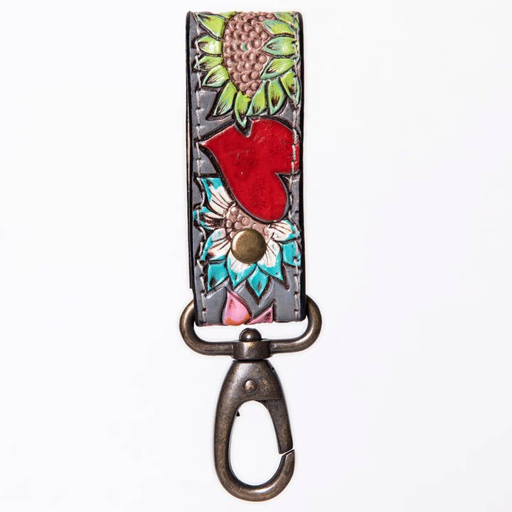LS Western - Wholesale Keychain - Women's - LC-ADKR210S Hand-Tooled Leather keyring Red Heart & Sunflower Floral on Charcoal1