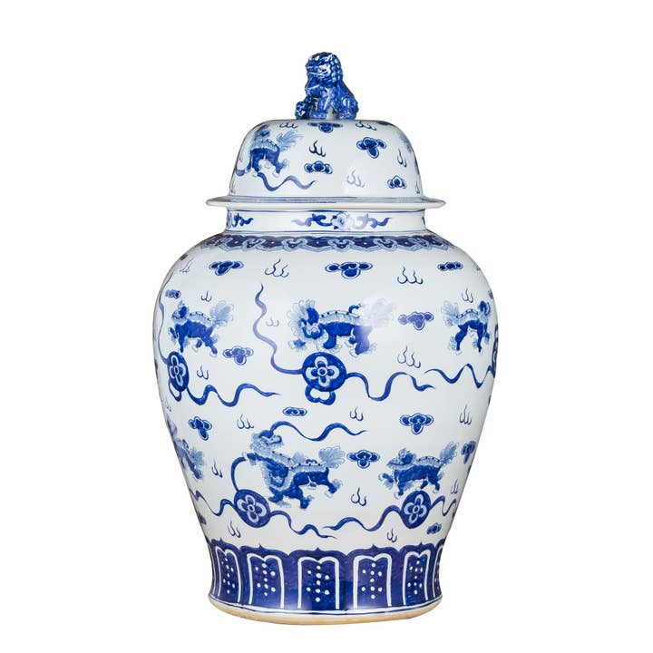 Blue & White Playing Foo Dog Temple Jar Lion Lid XL for wholesale by Legend Accents