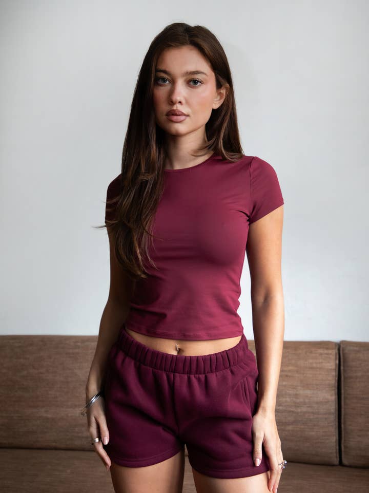 ARIET Brushed Poly Elevated Round Neck Short Sleeve Top for wholesale by TICTOC