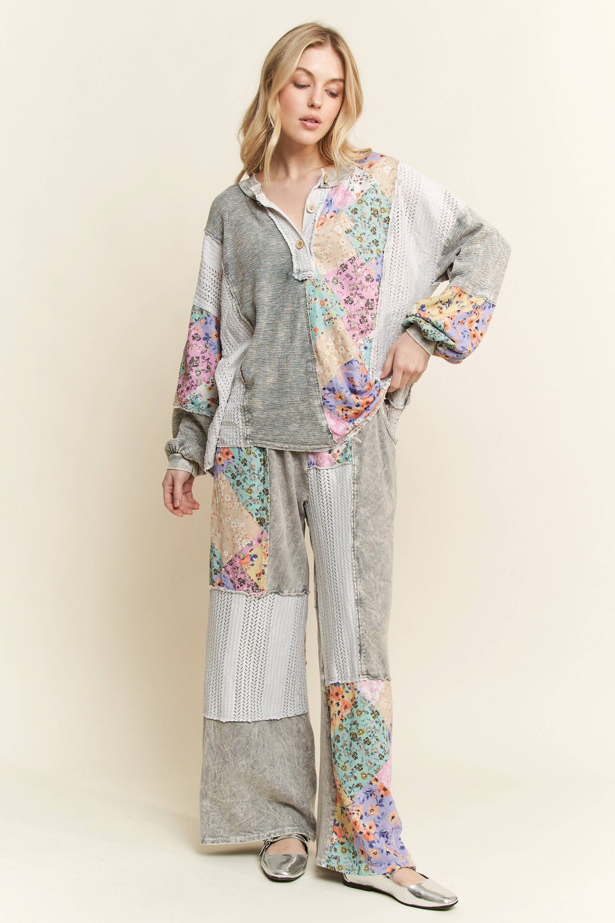 J.Her - Wholesale Pants - Women's - Mineral Washed Floral WaveKnit Jacquard Boho Pants HP610611