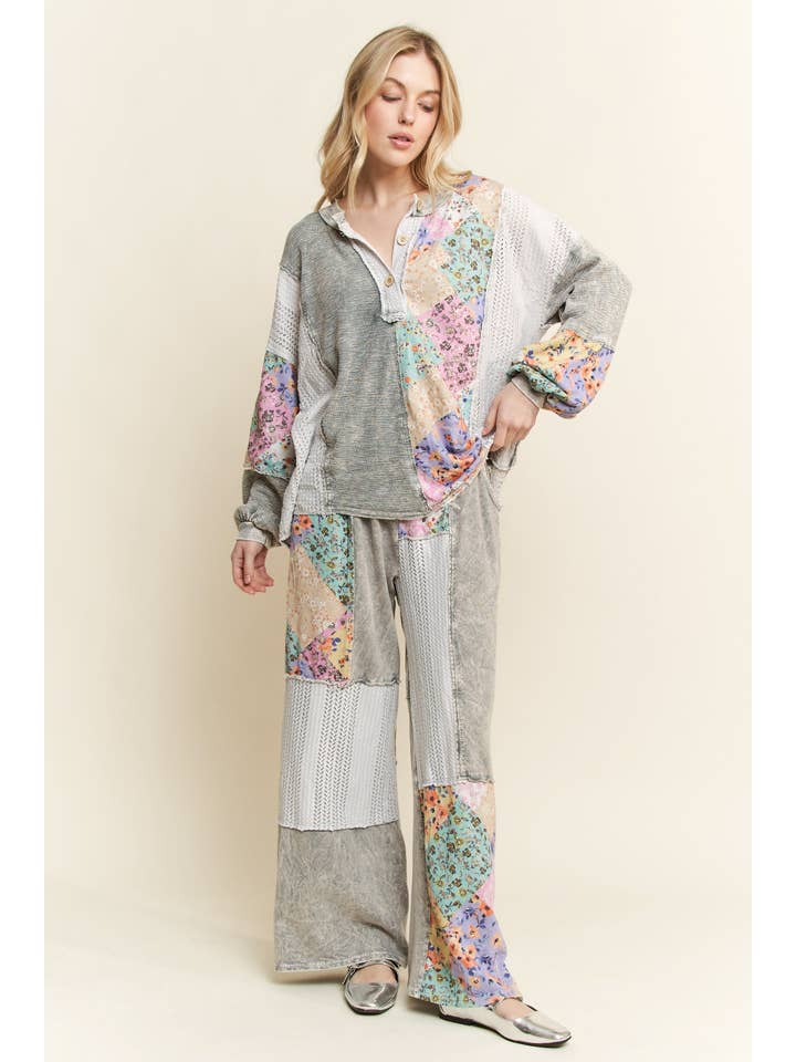 J.Her - Wholesale Pants - Women's - Mineral Washed Floral WaveKnit Jacquard Boho Pants HP610611