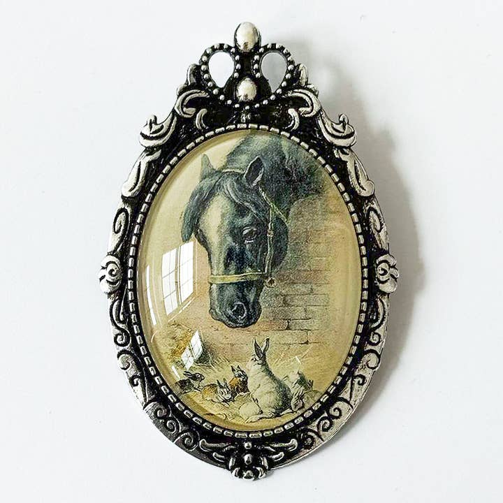 Victorian Horse and Rabbits Brooch Vintage Silver or Gold for wholesale by Asunder Bazaar