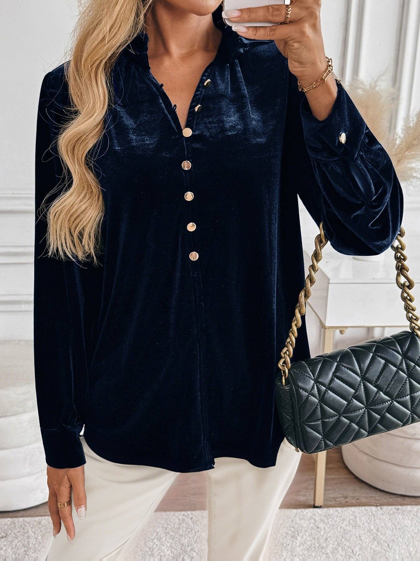 Navy Blue Velvet V Neck Button Down Long Sleeve Elegant Blouse for wholesale on Faire4
