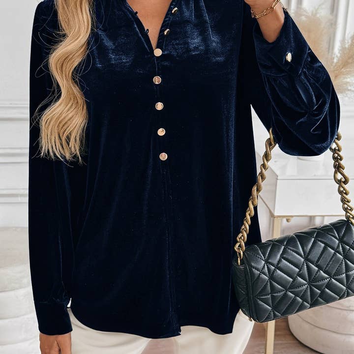 Navy Blue Velvet V Neck Button Down Long Sleeve Elegant Blouse for wholesale on Faire4