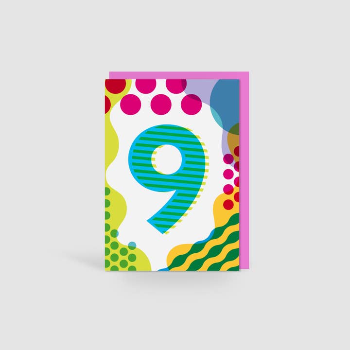 Jane Katherine Houghton Designs – Großhandel Geburtstagskarten – Geburtstagskarte für Kinder im Alter von 9 Jahren, buntes geometrisches Muster