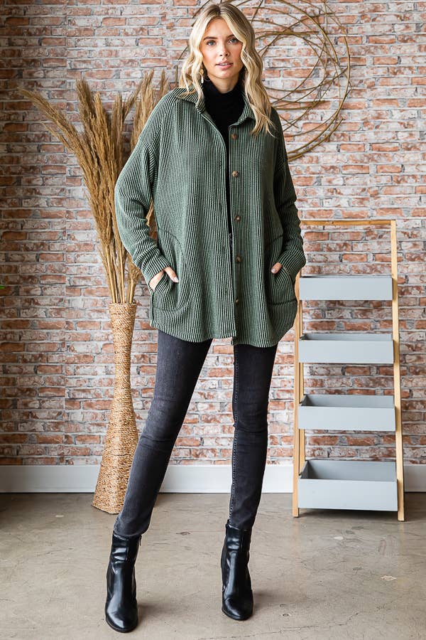 7th Ray – Großhandel Hemdjacke/Shacket – Damen – Solide Rippe Knopfleiste Seitentaschen Langarm Shacket T525624