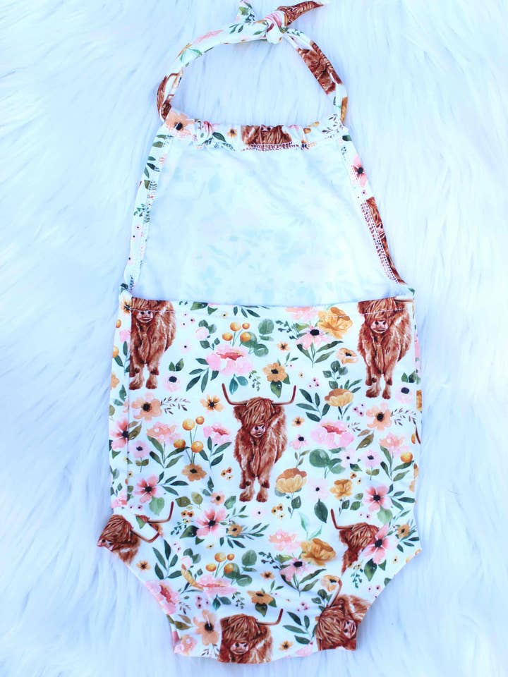 Sew Southern Kids Couture - Wholesale Bodysuit (Non-Footed) - Baby - Baby Girl Highland Cow Halter Romper