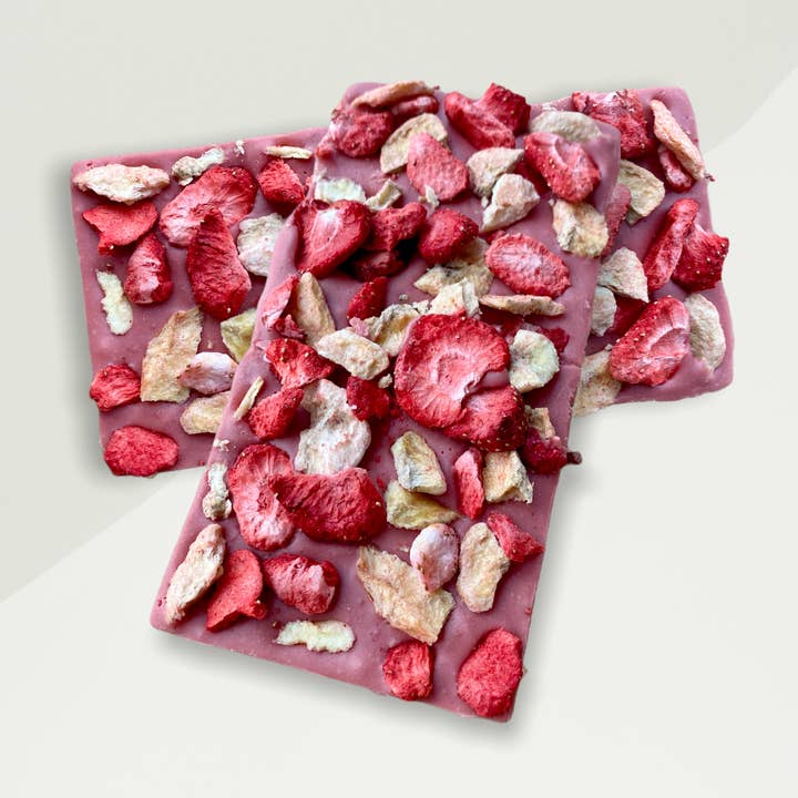 Strawberry Chocolate bar topped with strawberry and banana for wholesale by Sweet Novelette