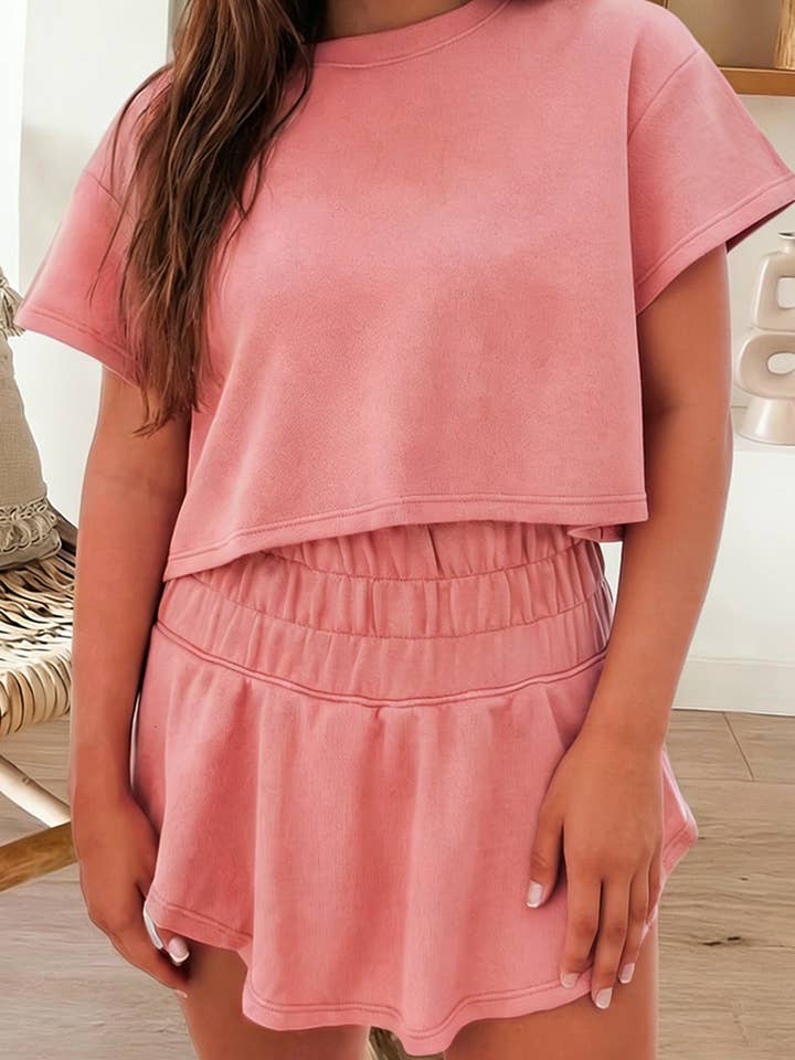 Cropped Tee and Ruffle High Waist Skort 2pcs Set (S-XL) for wholesale by 66DISCO