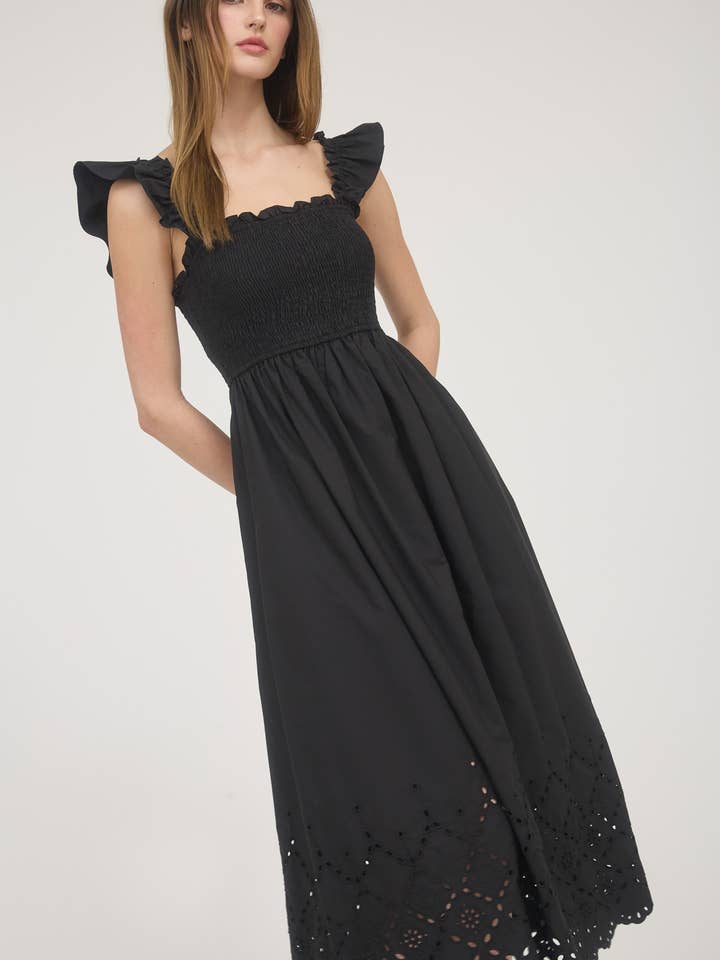 Blu Pepper - Wholesale Dress - Women's - SMOCKED RUFFLE SLEEVE EYELET HEM MIDI DRESS