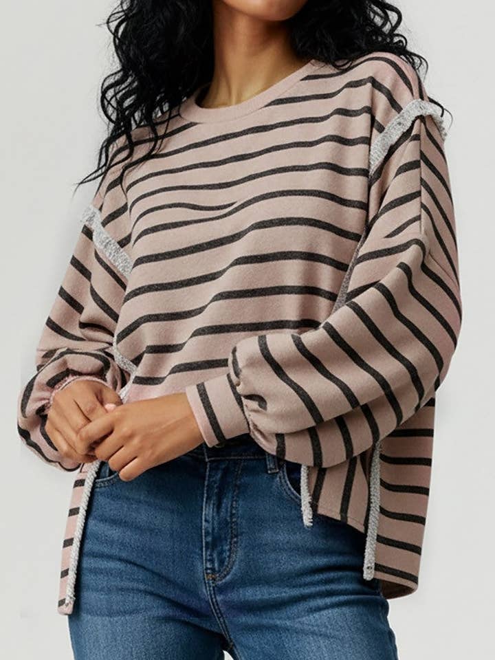 STRIPE LONG SLEEVE SLIT HEM PULLOVER SWEATSHIRT for wholesale by ROUSSEAU