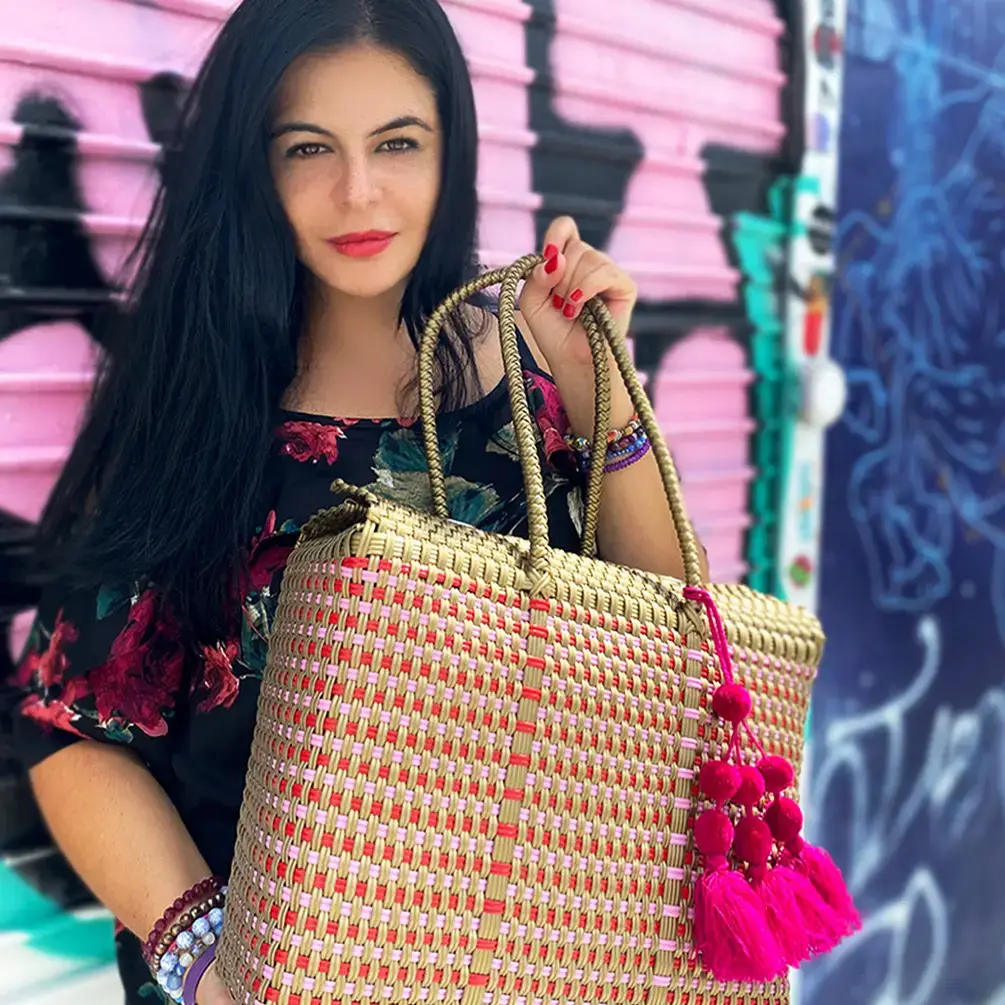 The Faria - Wholesale Beach Bag - Gold and Pink Handwoven recycled plastic beach Bags  8