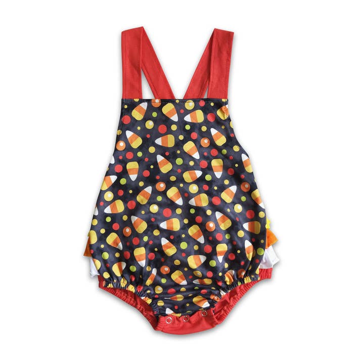 Candy print ruffle bubble baby girls Halloween romper for wholesale by Yawoo Garments