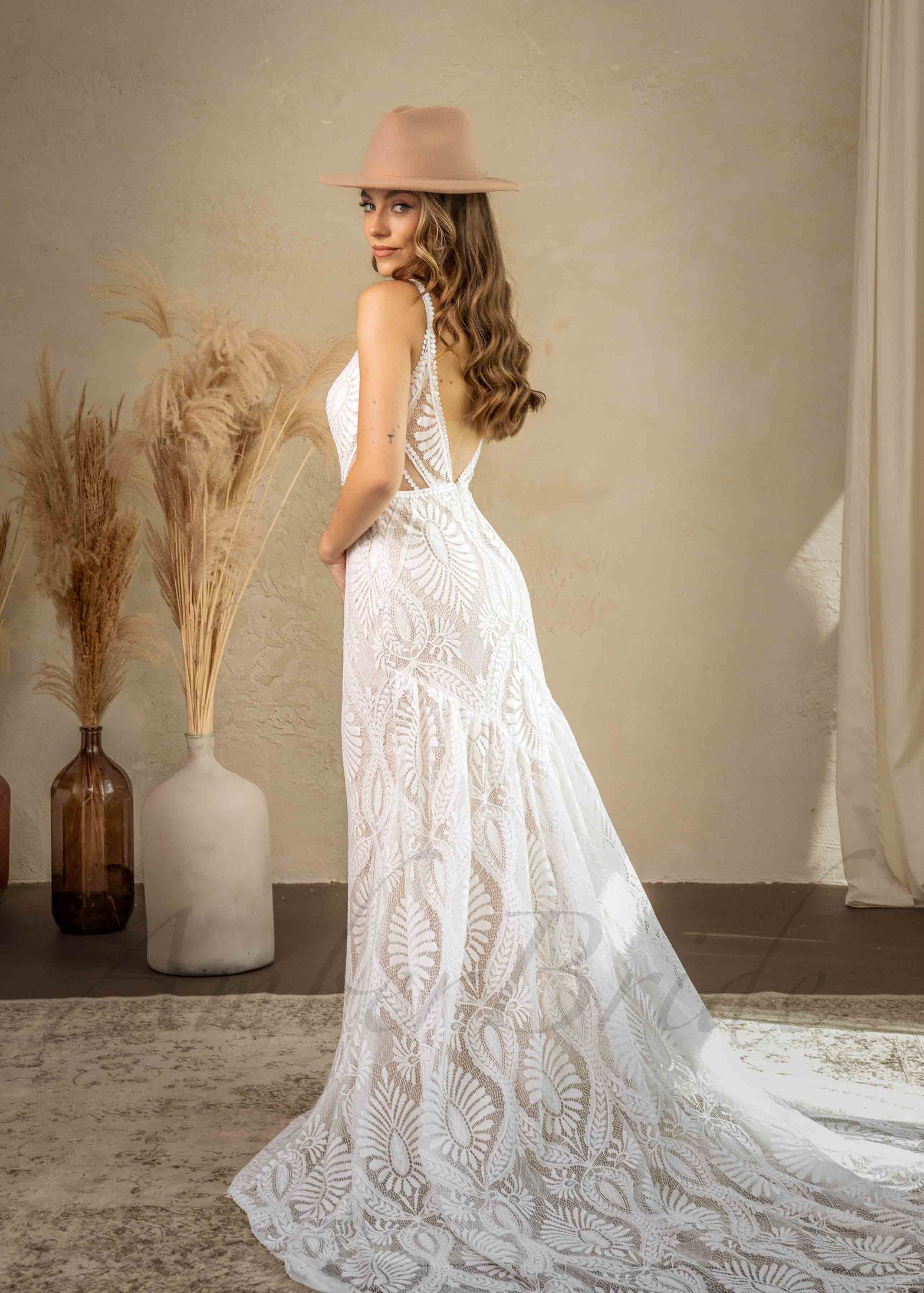 Amber Commerce Group, MB - Wholesale Gown - Women's - Boho Sheath Lace Wedding Dress with Backless Design and Spaghetti Straps1