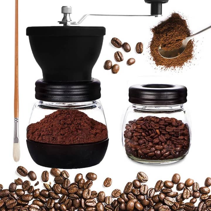 Mixpresso Manual Coffee Grinder Set With Conical Ceramic Burr Two Glass Jars And Soft Brush, Manual Coffee Bean Grinder & Spice Grinder for wholesale by Mixpresso