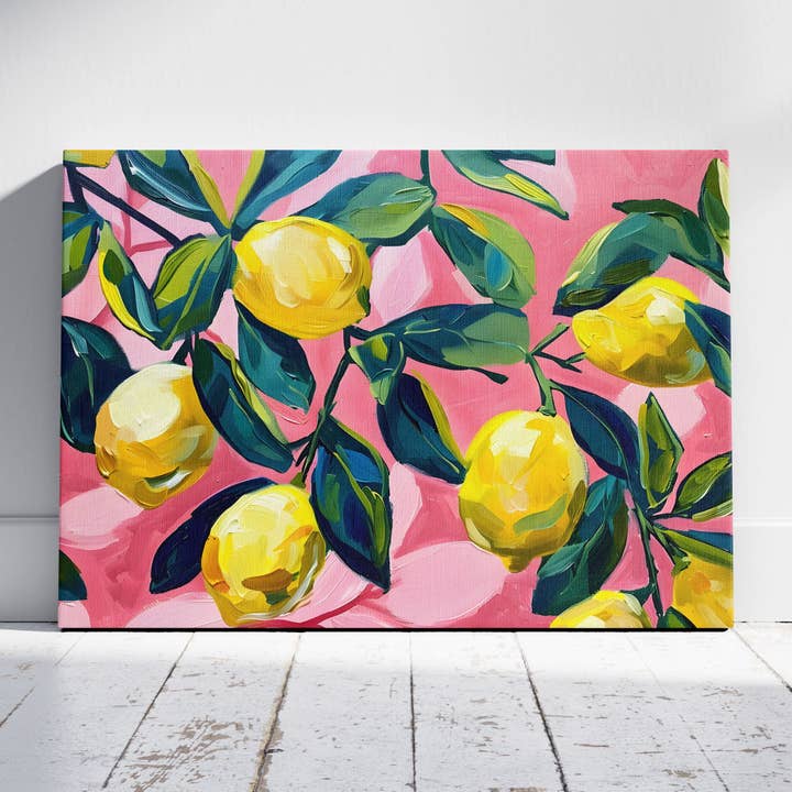Tropical Lemon Garden in Pink - Framed Canvas Wall Art Print for wholesale by House Prints