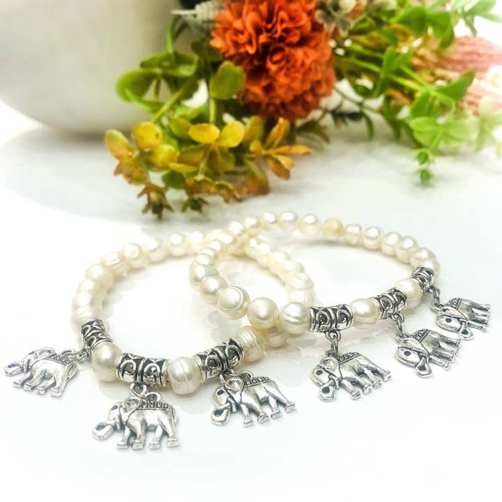 Atisha Spiritual Shop - Wholesale Beaded Bracelet - THAI ELEPHANT FRESH WATER PEARLS ~ CHARMS BRACELET WITH CHARMS IN 925 STERLING SILVER PLATED METAL