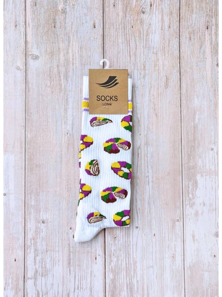 Mardi Gras Creations - Wholesale Socks - Unisex - White Let Them Eat King Cake Ribbed Socks