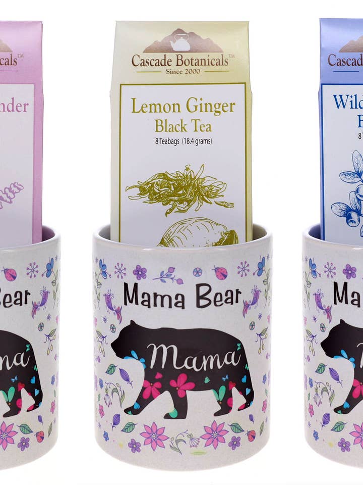 Tea Mug Mama Bear w/Black Tea Box Gift, Mothers Day Seasonal for wholesale by Cascade Teas & Botanicals