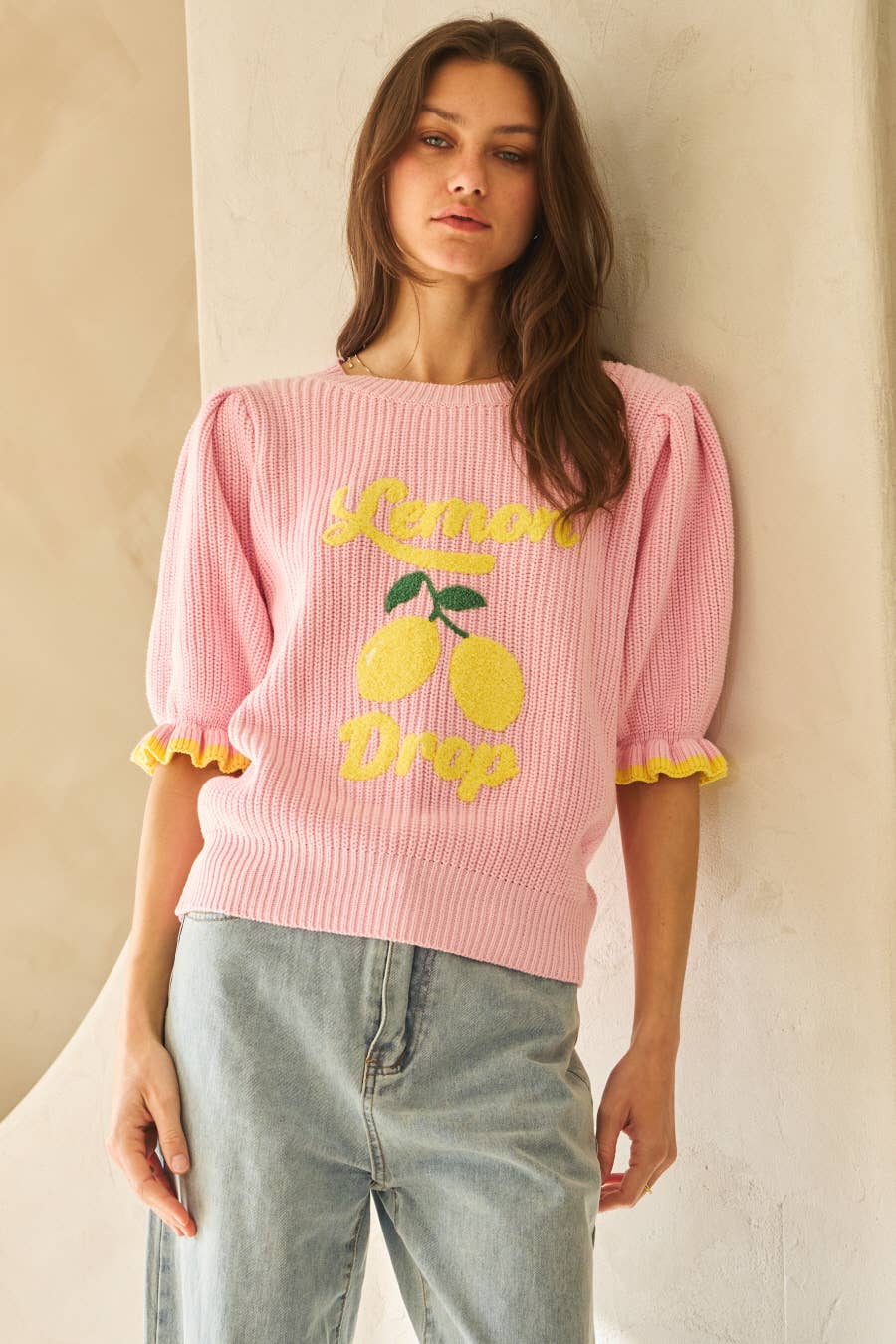 LT Pink Lemon Drop Graphic Knitted Sweater for wholesale on Faire2