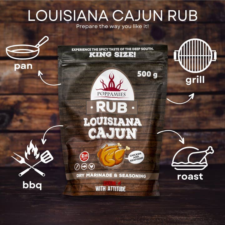 Lukata LTD – wholesale Rub – Poppamies Louisiana Cajun BBQ Rub - 100% Naturlig BBQ-krydda - Torr marinad & kryddor. Särskilt lämplig för kyckling och skaldjur - Utmärkt i grill, ugn, broiler och panna - Stor förpackning (500g)1