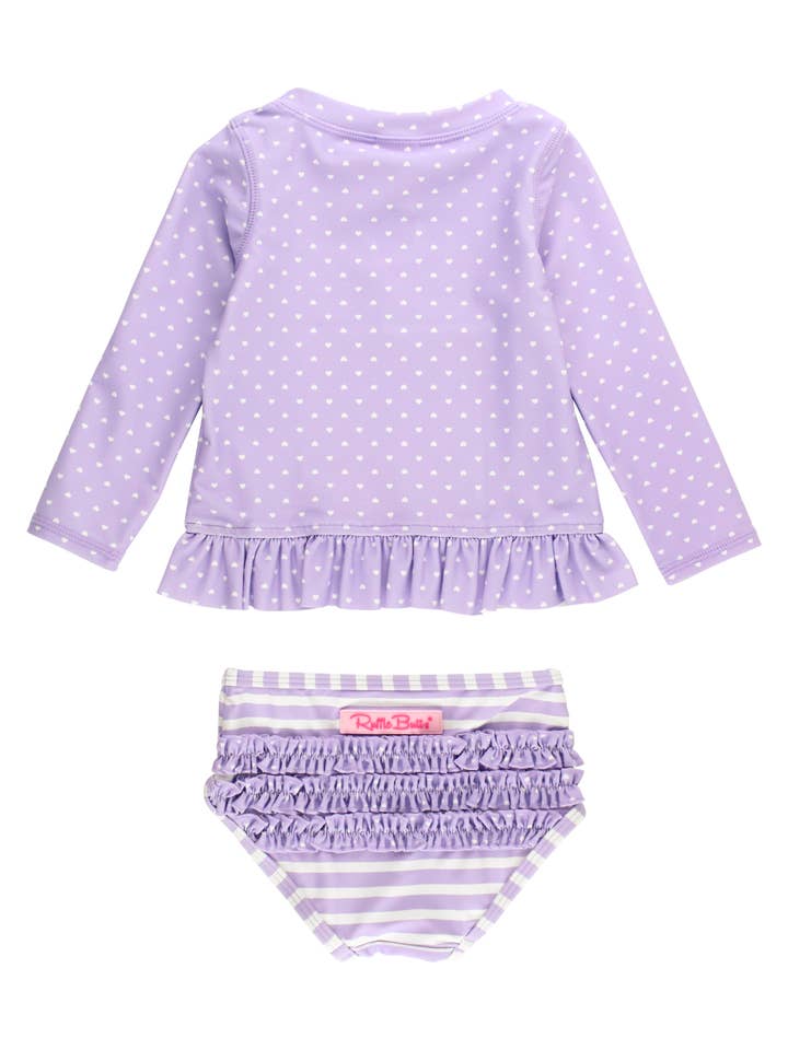 Purple Girls Lavender Heart Polka Dot Long Sleeve Rash Guard 2-Piece Swimsuit with Signature Rear Ruffles
for wholesale on Faire