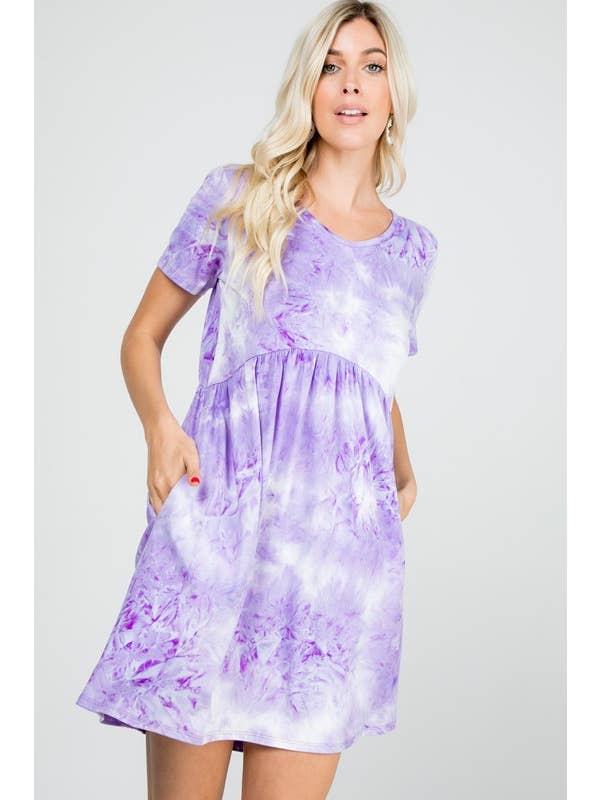 LILAC WHITE SD1195-22 TIE DYE BABY DOLL DRESS WITH SIDE POCKET for wholesale on Faire