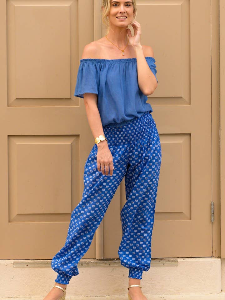 Harem Trousers | Lotus Flower Blue/White for wholesale on Faire2