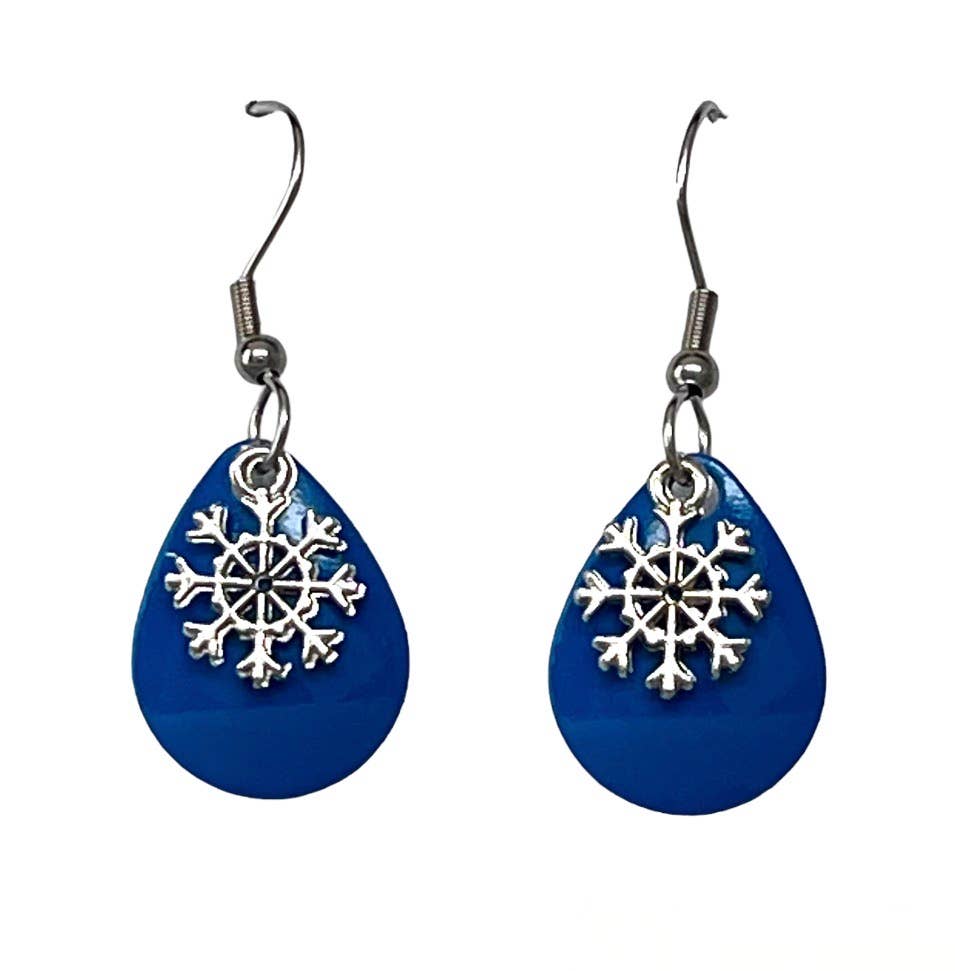 Eye Catching Jewelry – wholesale Dangle earrings – Bright Blue Snowflake Earrings Ski Resort Jewelry Handmade