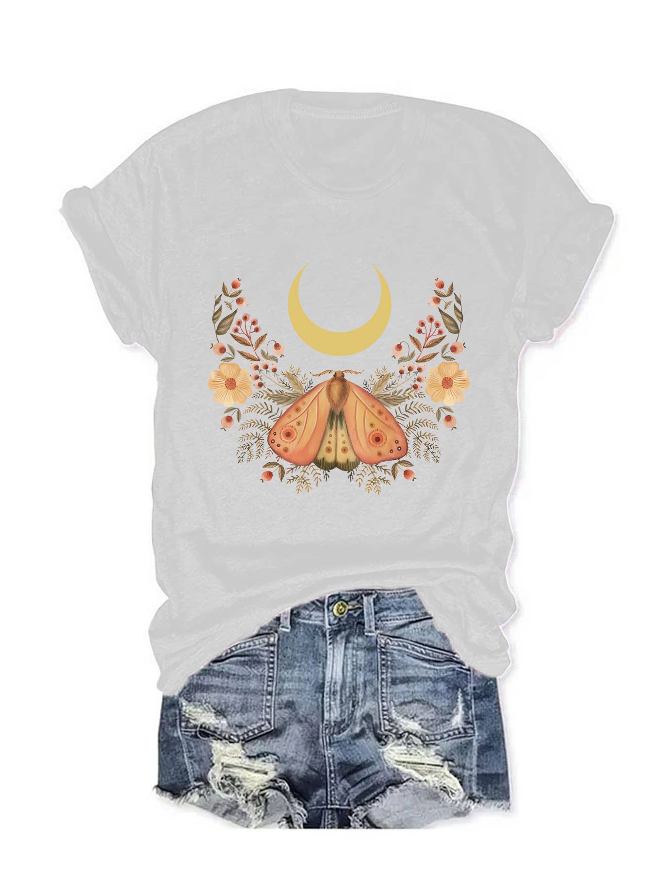 Rosa Clothing - Vente T-shirt sérigraphié – femme - T-shirt à motif en forme de croissant décroissant, de fleurs sauvages et de papillons9