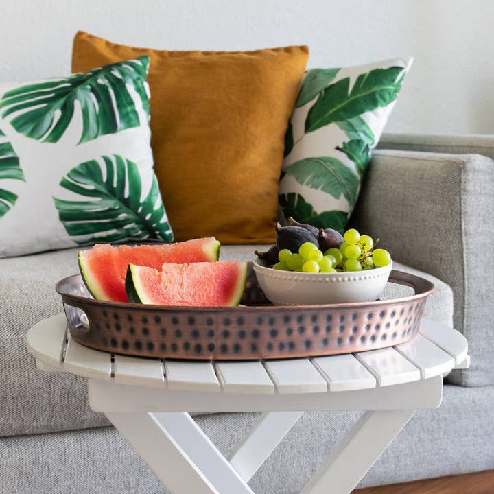 Hand Hammered 17 x 13 inch Decorative Oval Serving Tray for wholesale by Monarch Abode