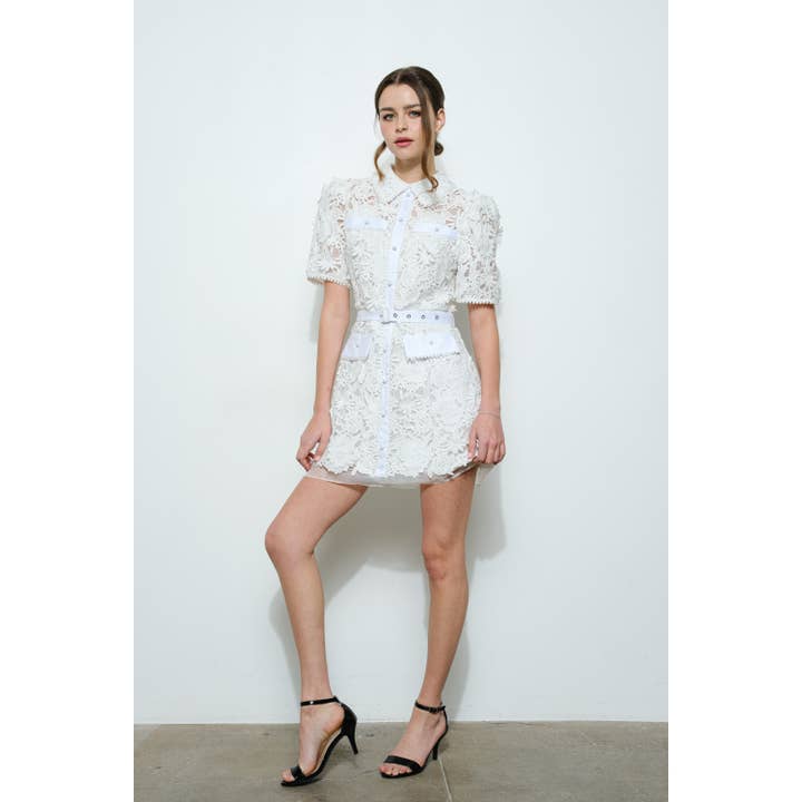 INA - Wholesale Dress - Women's - Short Puff Sleeve Floral Lace Belted Mini Dress