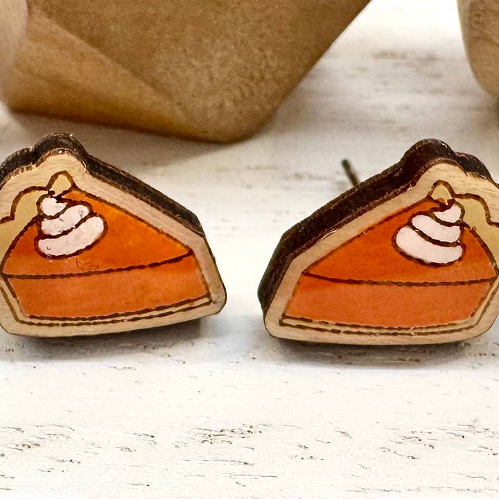 Pumpkin Pie Handmade Wood Stud Earrings for wholesale by The Poppy Peach, LLC.