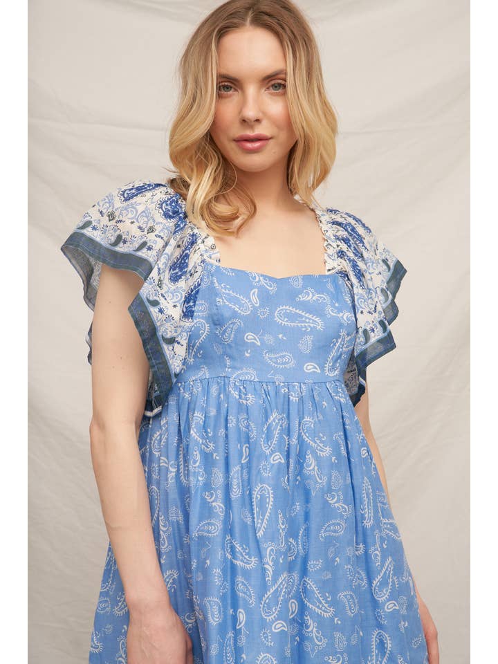 Blue Ivory Paisley Print Flutter Sleeve Mini Dress for wholesale on Faire