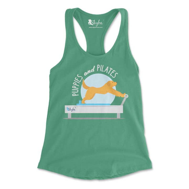 "Puppies and Pilates" Golden Retriever on Reformer - Women's Slim Fit Tank for wholesale by Skyba