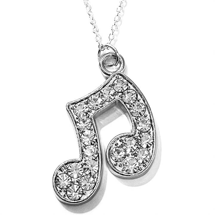 Silver Rhinestone Encrusted Music Note Pendant Necklace for wholesale by Broken Record Boutique