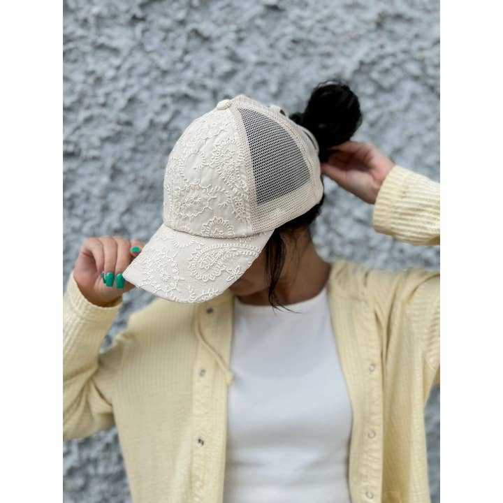 C.C Beanie - Wholesale Ponytail Cap - Women's - Embroidery Stitch Criss Cross High Pony C.C Ball Cap BT1013