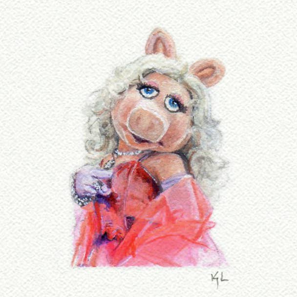 Miss Piggy Miniature Watercolor Painting - Art Print for wholesale by Karen Libecap Tiny Paintings