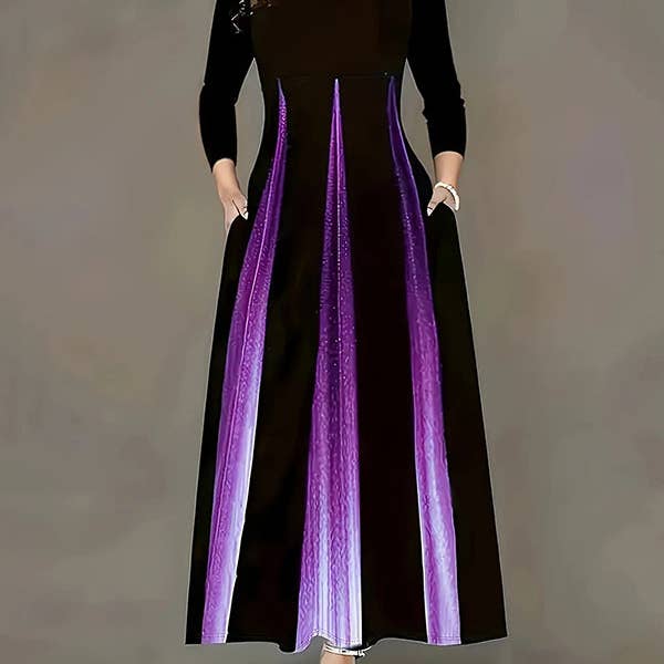 Vestidos Maxi com Bolsos em Degradê, Cintura Alta, Corte em A, com Estampa, Junta Dividida e Gola Redonda por atacado de Sheer Trend