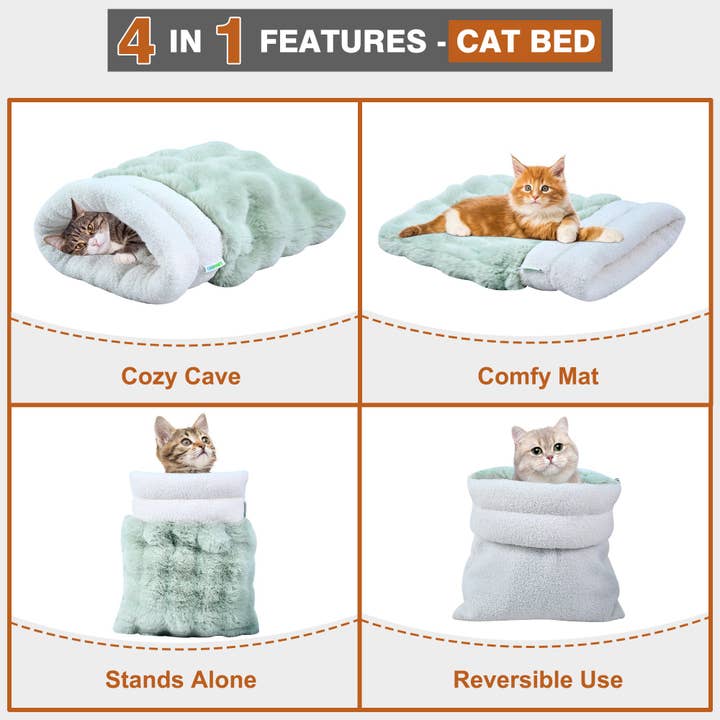 Jespet - Wholesale Pet Bed - Cat/Dog - GOOPAWS 4-in-1 Cat Sack Bed Cave - Self Warming Pet Sleeping Bag for Cats & Small Dogs,, Sage Green2